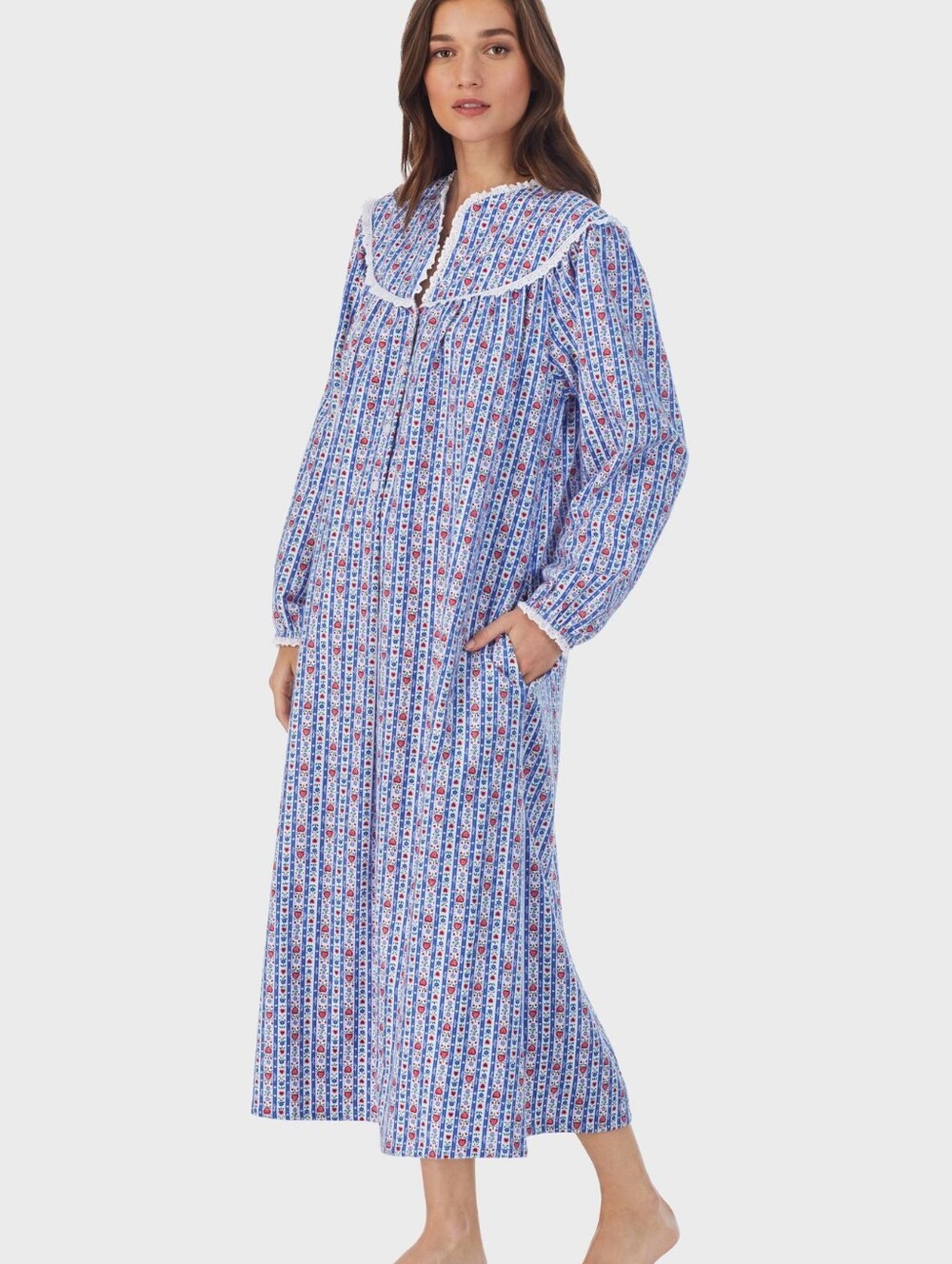 Lanz Of Salzburg Classic Blue Tyrolean Stripe Flannel Nightgown Size Medium